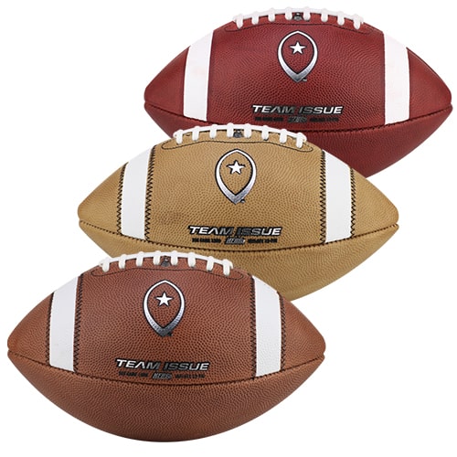 three different colored team issue footballs stacked diagonally