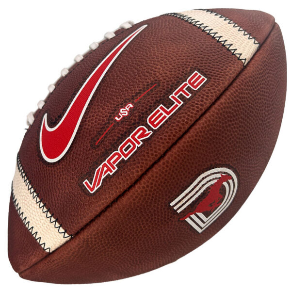 Full-length football with brown pebble texture, white laces, and Vapor Elite branding prominently displayed.
