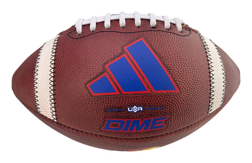 Brown American football with white laces and a large blue Adidas logo and 'DIME' branding reading USA on the ball d.