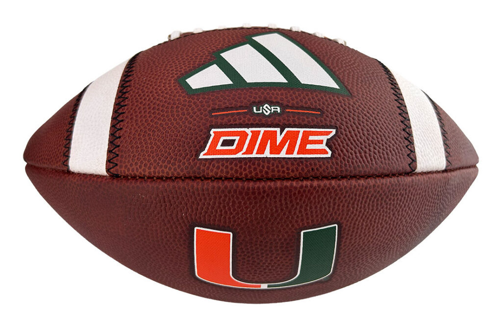 Brown football with white stripes displaying Adidas logo, DIME branding, and University of Miami U logo (orange/green)