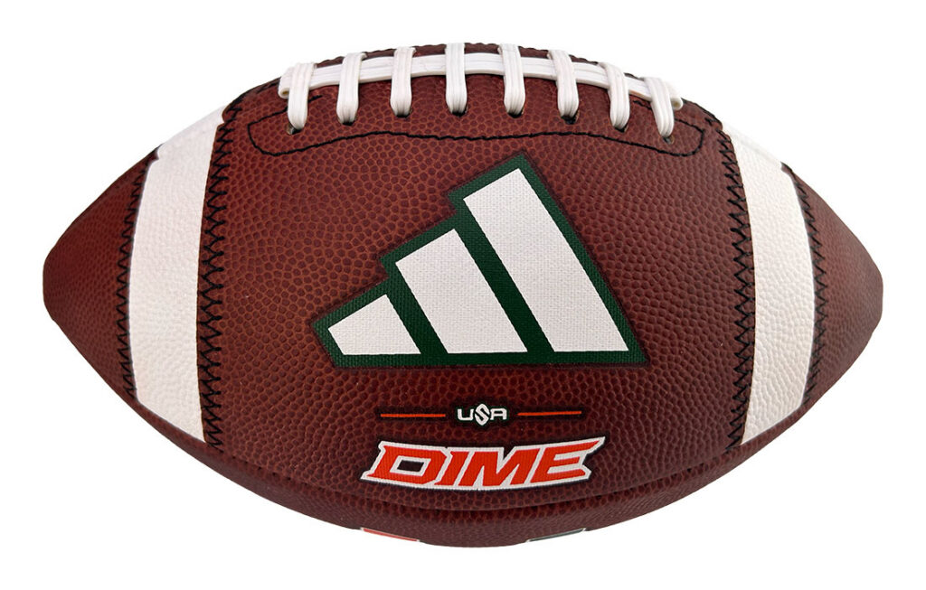 Brown football with white laces, white stripes, and a large white Adidas logo; DIME USA branding visible.