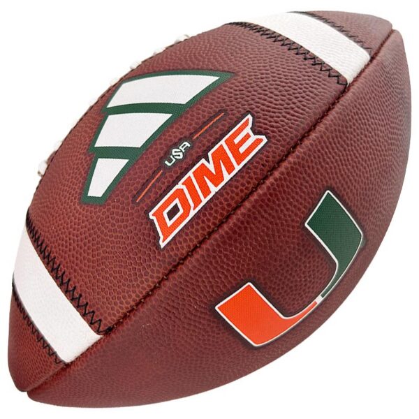 Brown football with a large green-and-white U logo and an orange 'DIME' badge near the center.