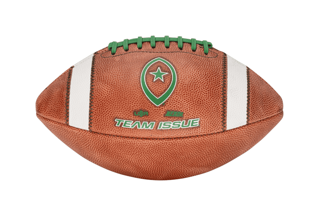 edited horizontal image of Team Issue football with green logo