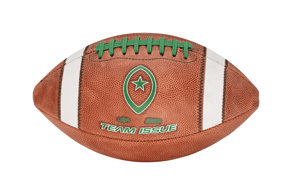 edited horizontal image of Team Issue football with green laces and lettering