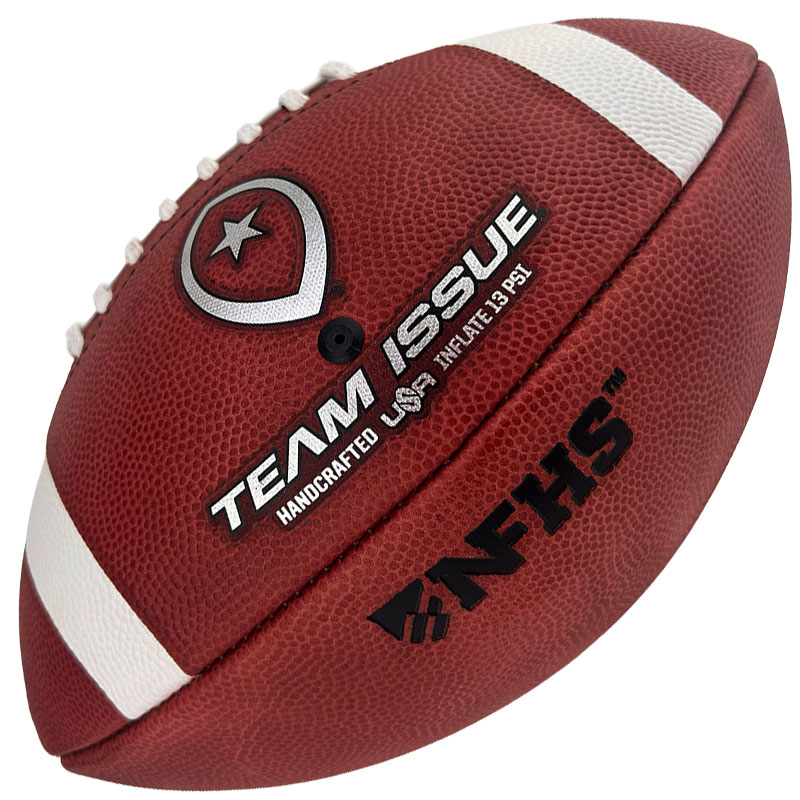Red leather American football with white laces and stripes, displaying 'TEAM ISSUE' branding and handcrafted label.