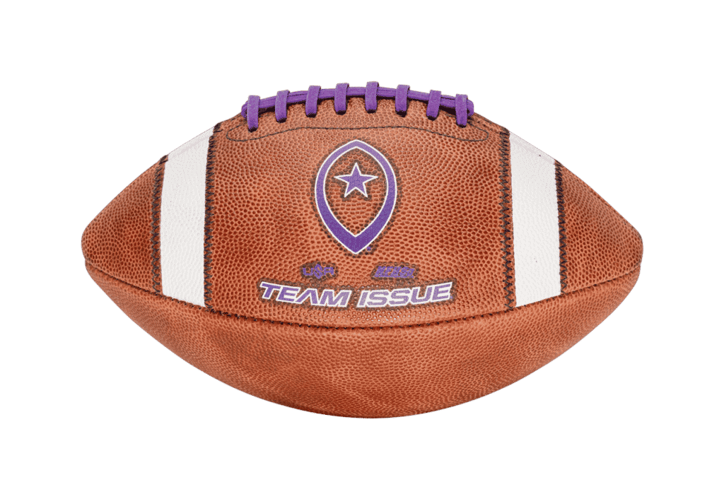 edited horizontal image of Team Issue football with purple logo