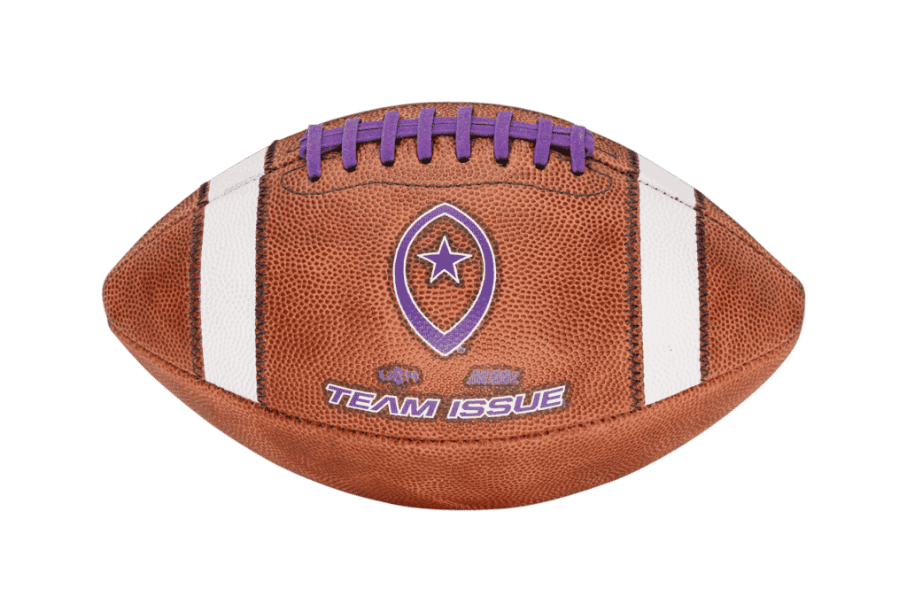 edited horizontal image of Team Issue football with purple laces and lettering