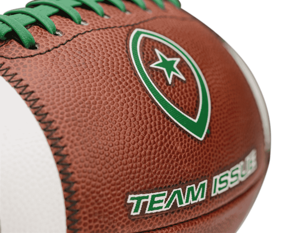 Close up image of Team Issue football with green laces and lettering