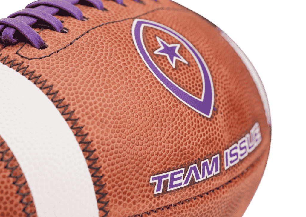 Close up image of Team Issue football with purple laces and lettering