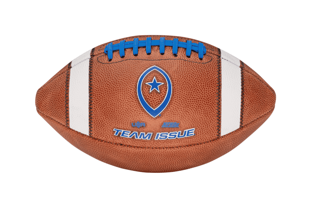 horizontal image of Team Issue football with blue laces and lettering