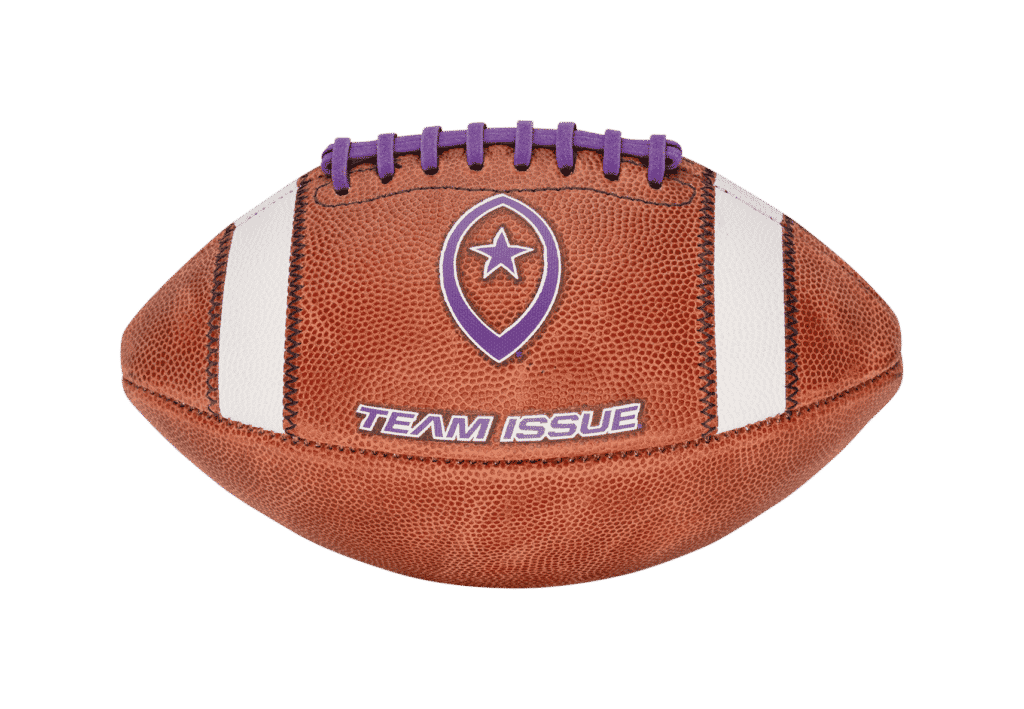 horizontal image of Team Issue football with purple logo