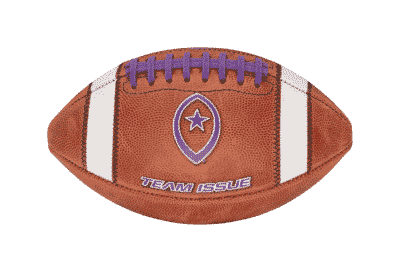 horizontal image of Team Issue football with purple laces and lettering