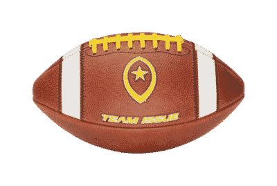 horizontal image of Team Issue football with yellow laces and lettering