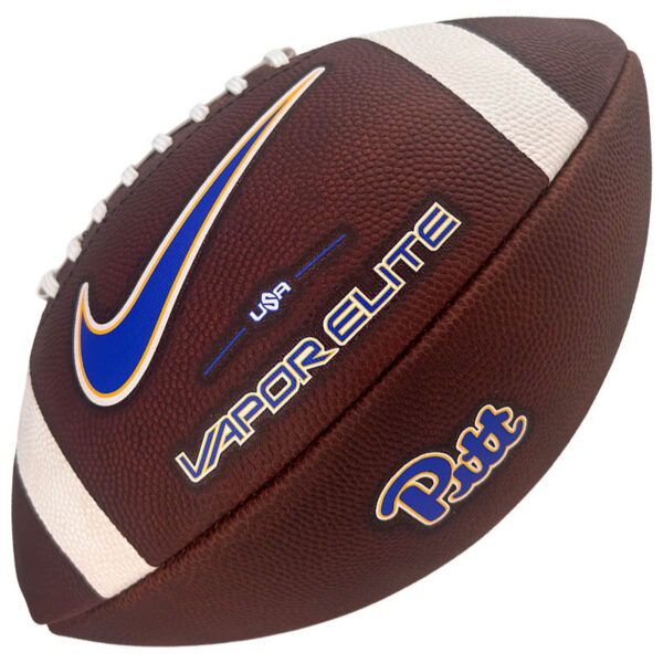 Brown pebble-textured football with white laces, a blue-orange Nike swoosh, and the text 'VAPOR ELITE' on the side.