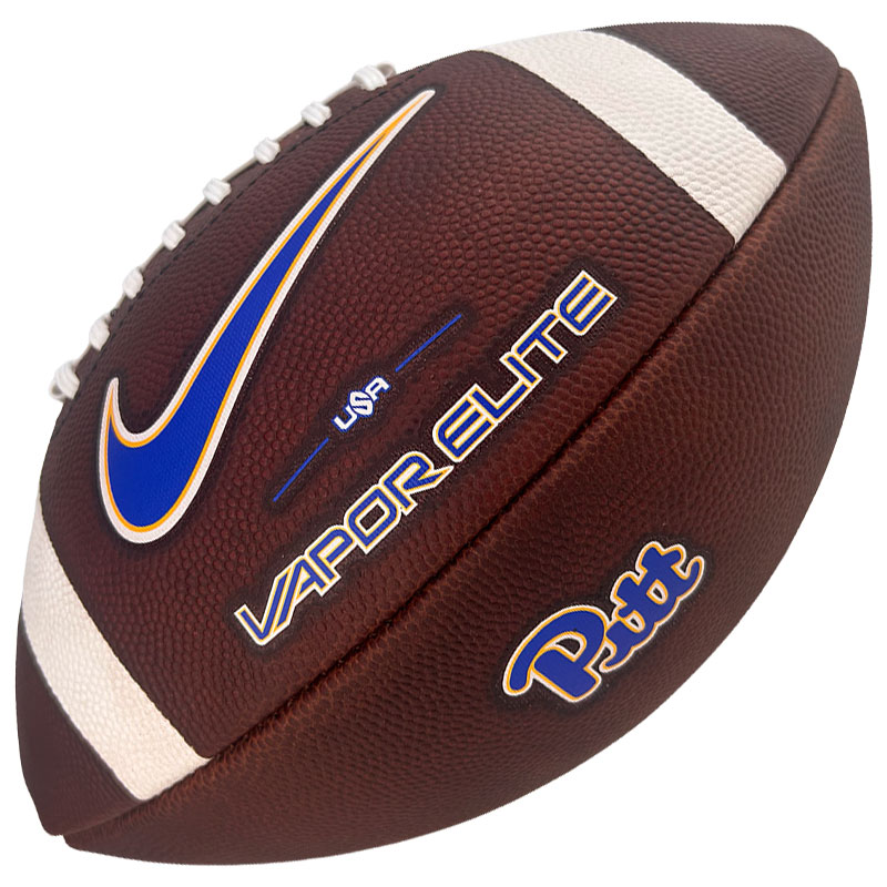 Brown pebble-textured football with white laces, a blue-orange Nike swoosh, and the text 'VAPOR ELITE' on the side.