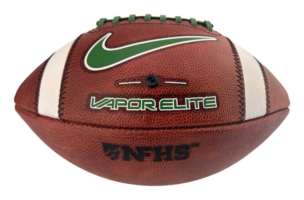 NFHS Vapor Elite football featuring a green Nike swoosh and white stripe panels on brown pebbled leather (product image).