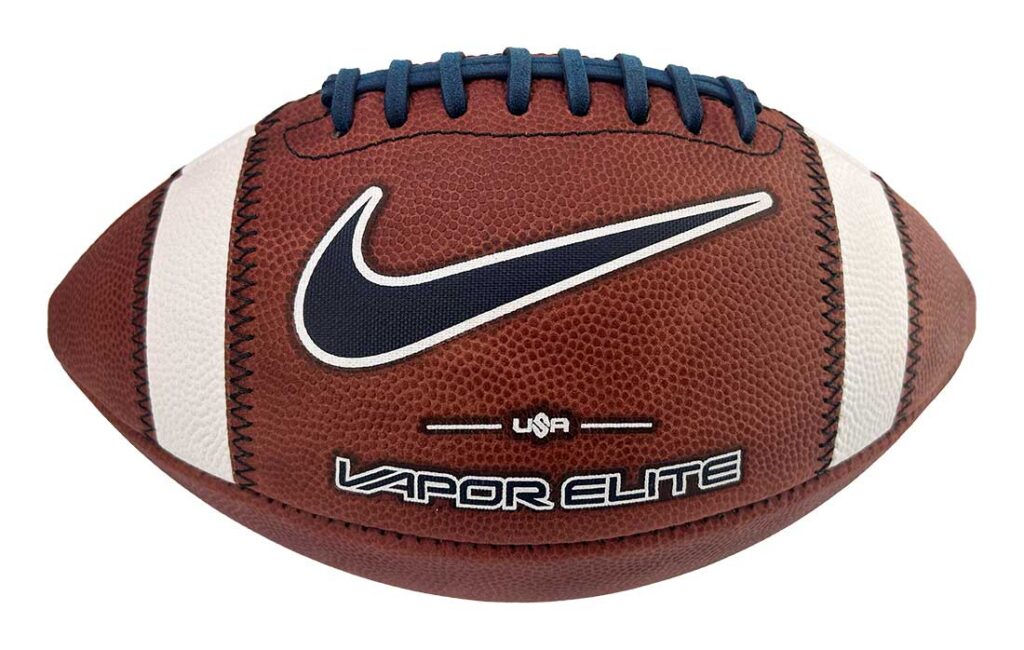 American football with blue laces, white stripes, and Nike swoosh logo.