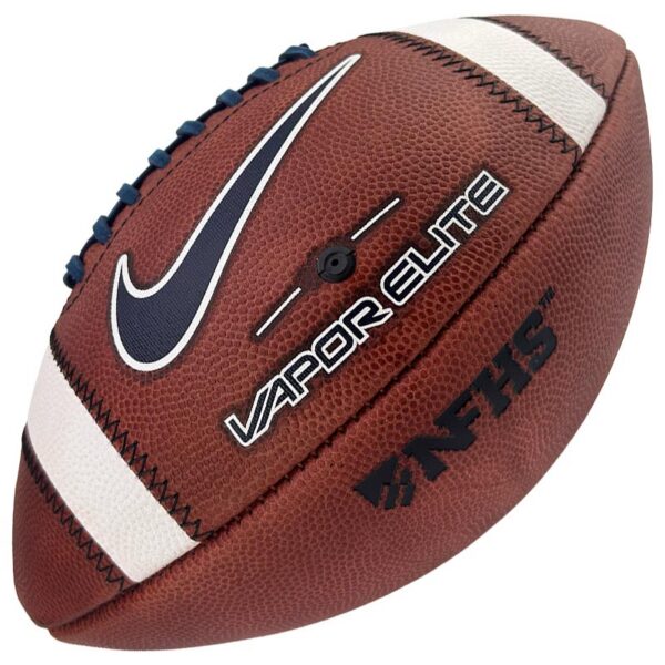 Brown American football close-up, blue laces, white stripes, and Nike swoosh with 'VAPORFLY' branding visible