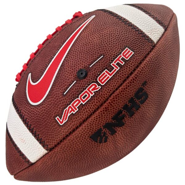 Brown American football with white laces and white stripes, featuring a red Nike swoosh and 'VAPOR ELITE' branding.
