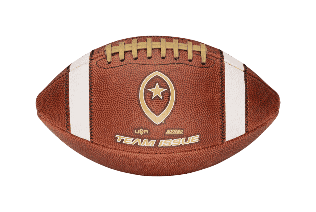 horizontal image of Team Issue football with gold laces and lettering