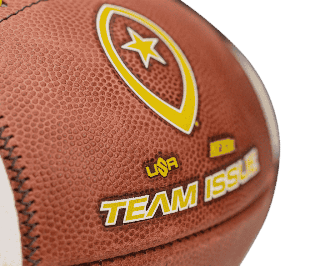 edited Close up image of Team Issue football with yellow laces and lettering