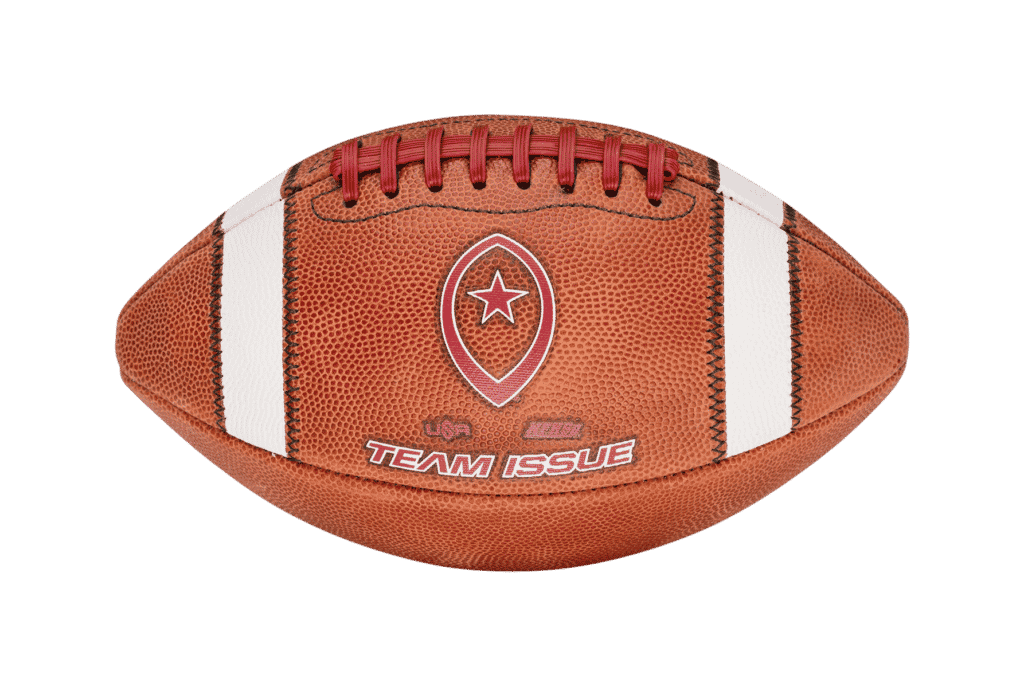 Horizontal image of Team Issue football with dark red laces and lettering