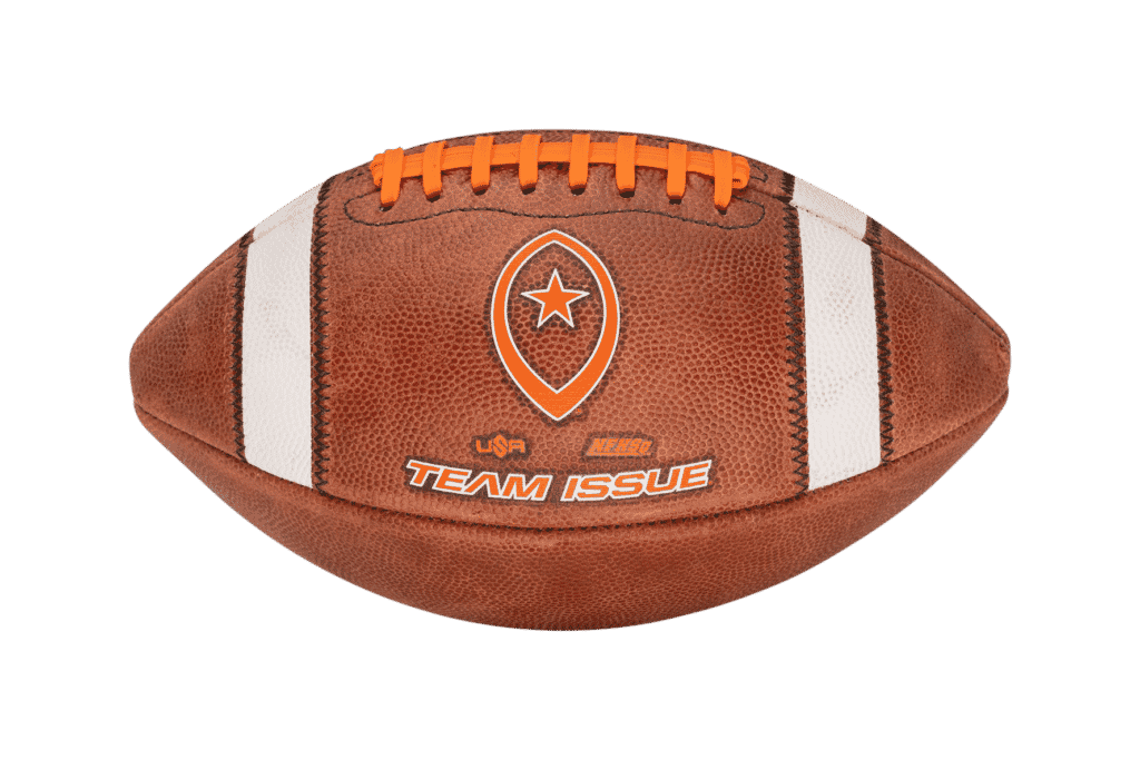 Horizontal image of Team Issue football with orange laces and lettering