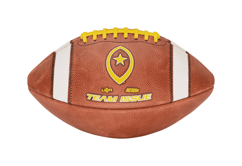 edited horizontal image of Team Issue football with yellow logo