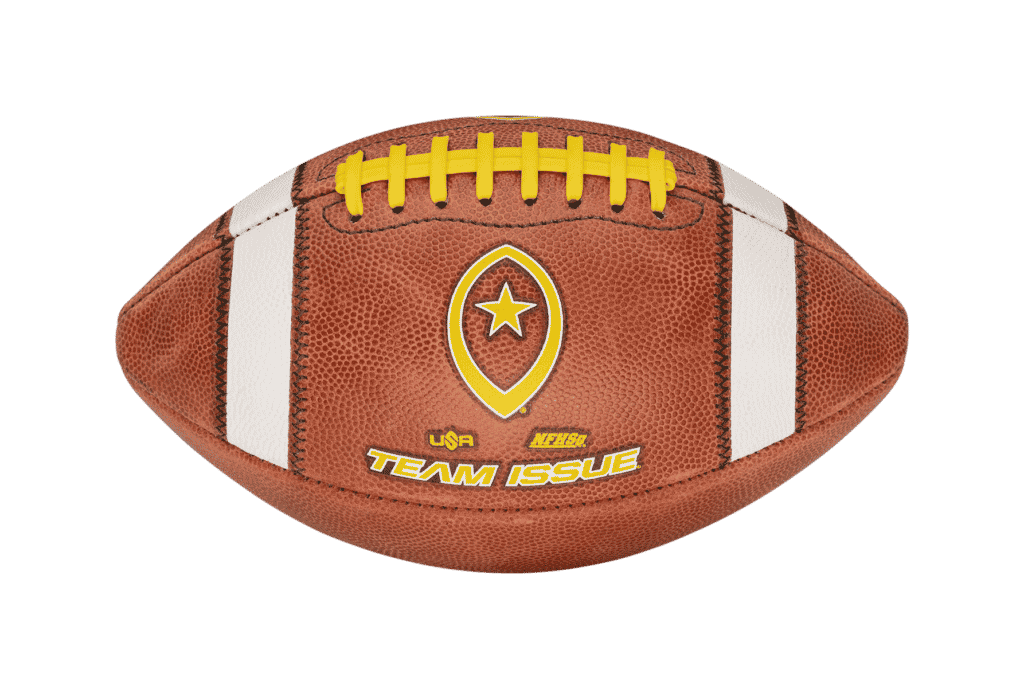 edited horizontal image of Team Issue football with yellow laces and lettering