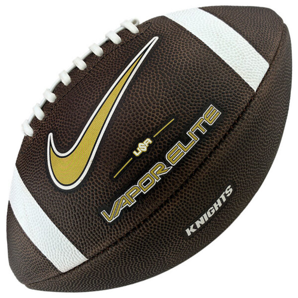 Brown leather football with white laces and stripes, featuring a gold Nike swoosh and the 'VAPOR ELITE' branding with 'KNIGHTS' text.
