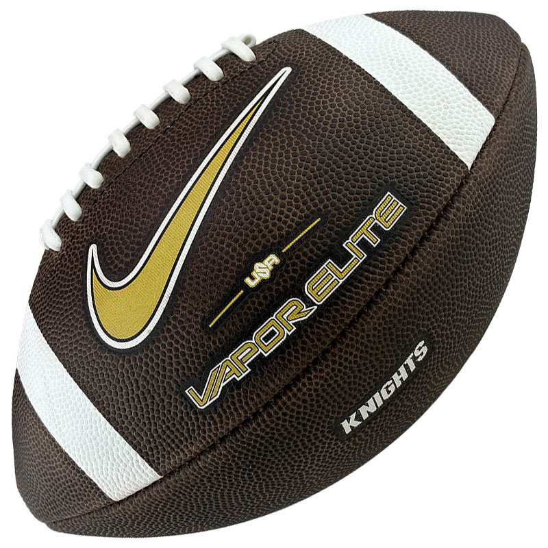 Brown leather football with white laces and stripes, featuring a gold Nike swoosh and the 'VAPOR ELITE' branding with 'KNIGHTS' text.