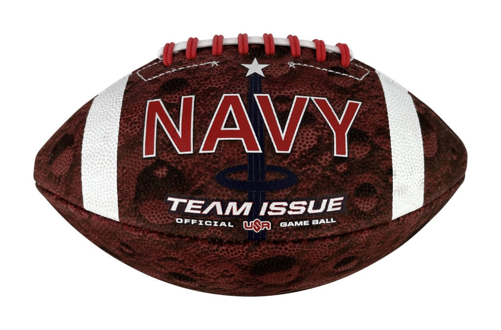 side view of Navy 'Sea to Stars' football with focus on the star stitching