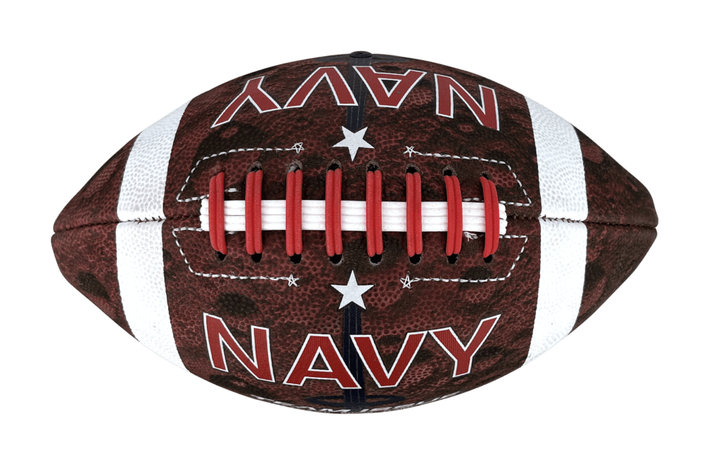 Top view of Navy 'Sea to Stars' football with focus on the star stitching