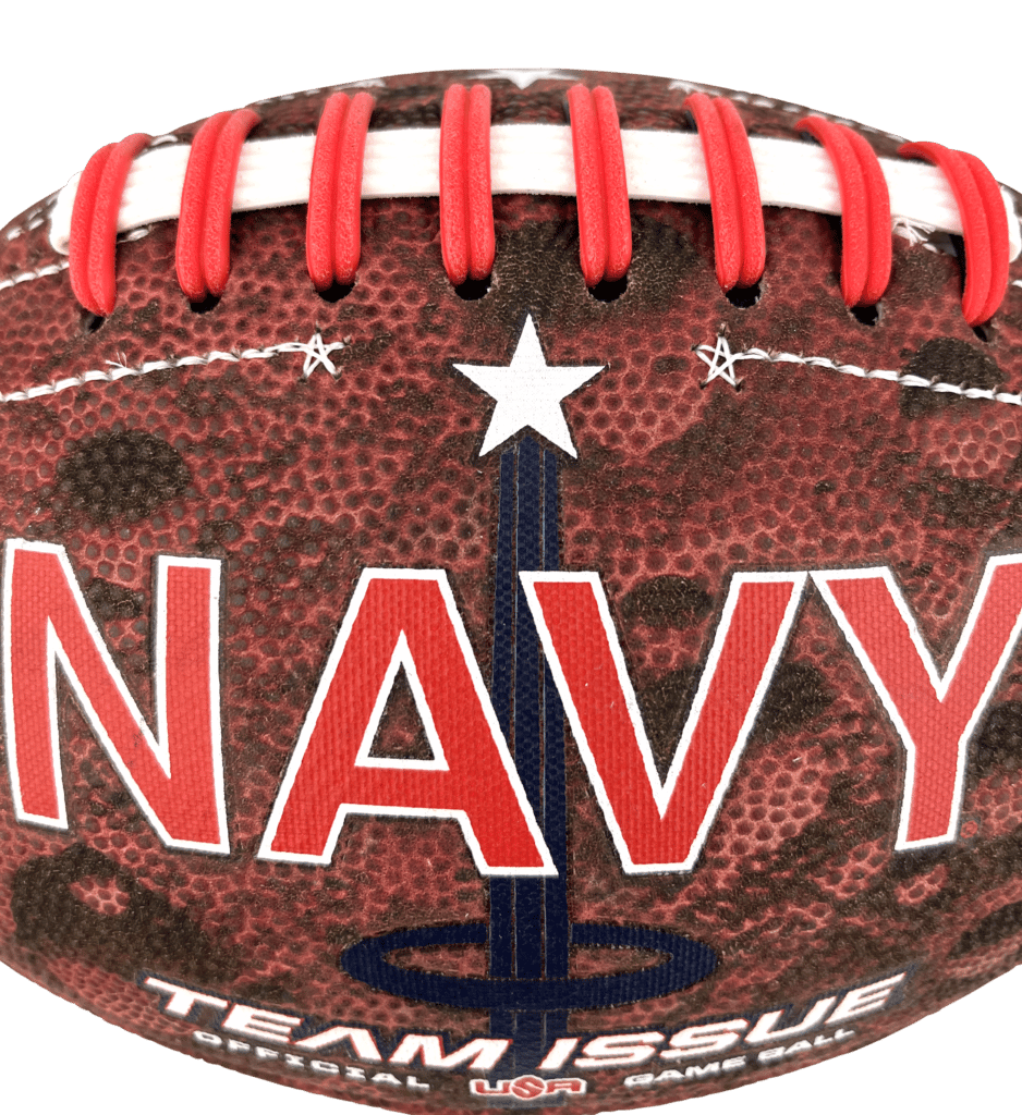 Close up of Navy 'Sea to Stars' football with focus on the star stitching