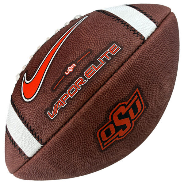 Vapor Elite football with Nike swoosh and OSU branding on brown leather with white stripes.