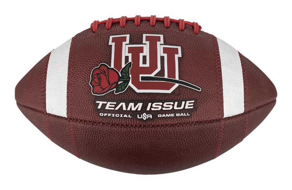 side view of Team Issue University of Utah ball with red rose
