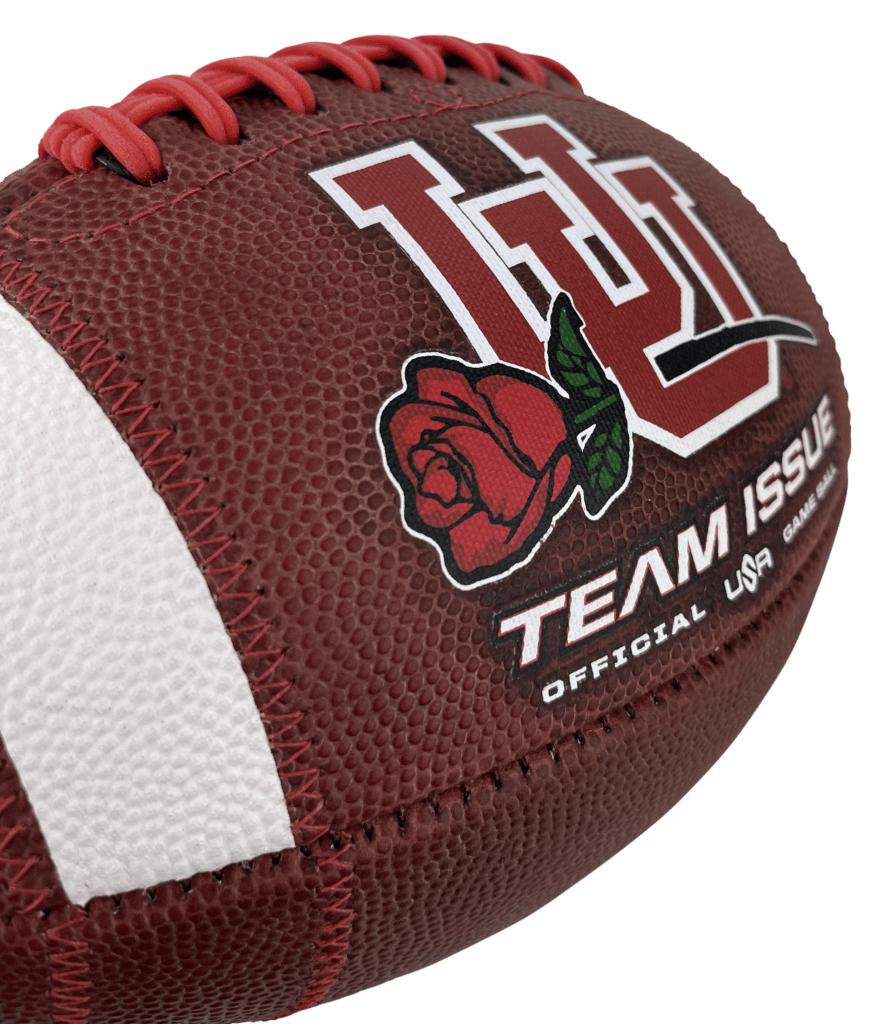 close up of Team Issue University of Utah ball with red rose