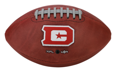 Football with red and white D.C. Defenders logo for XFL
