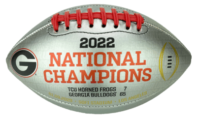 Team issue football for the 2022 national champions, Georgia Bulldogs. Side view of final game info.