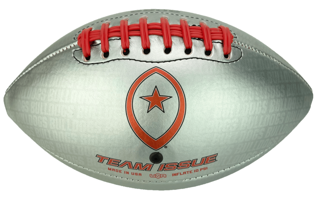 Team issue football for the 2022 national champions, Georgia Bulldogs. Side view with Team issue and Big Game logos