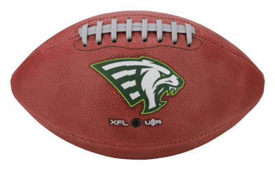 Football with green and white Orlando Guardians logo for XFL