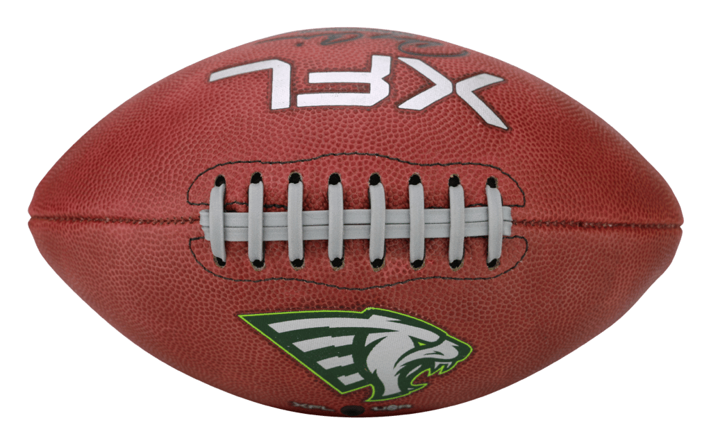 Top view of football with green and white Orlando Guardians logo and XFL logo