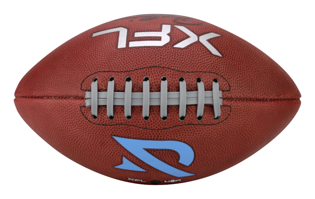 Top view of football with blue Arlington Renegades logo and XFL logo