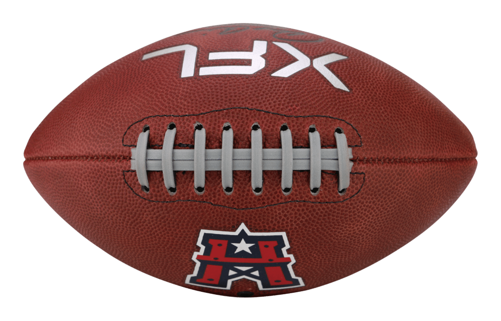 Top view of football with red and white Houston Roughnecks logo and XFL logo