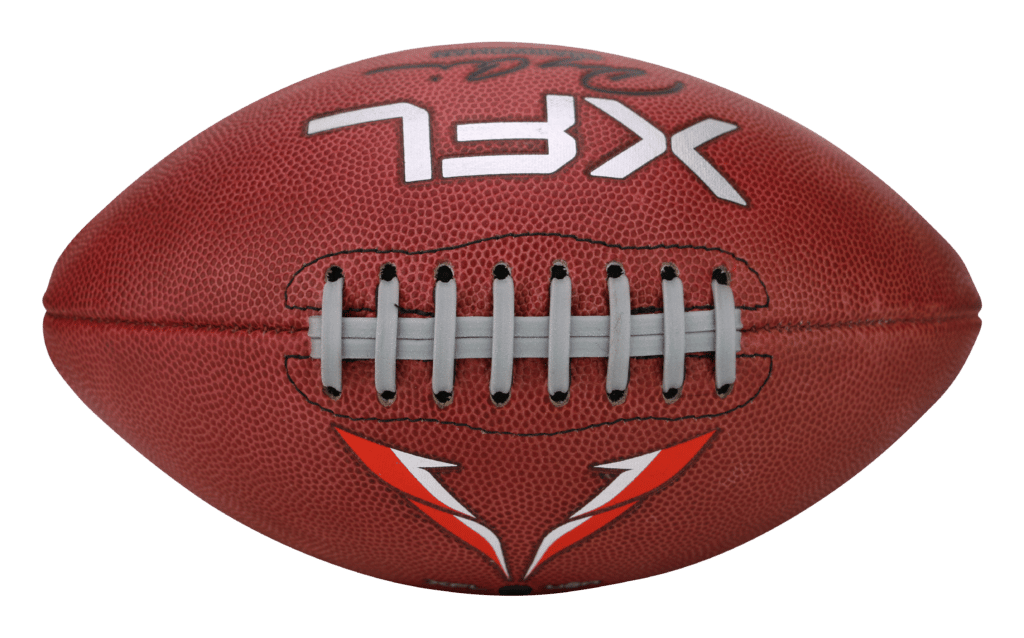 Top view of football with orange and white Vegas Vipers logo and XFL logo