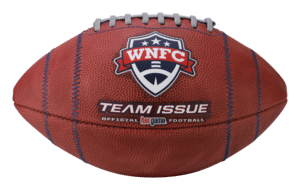 side view of team issue football for women's national football conference.