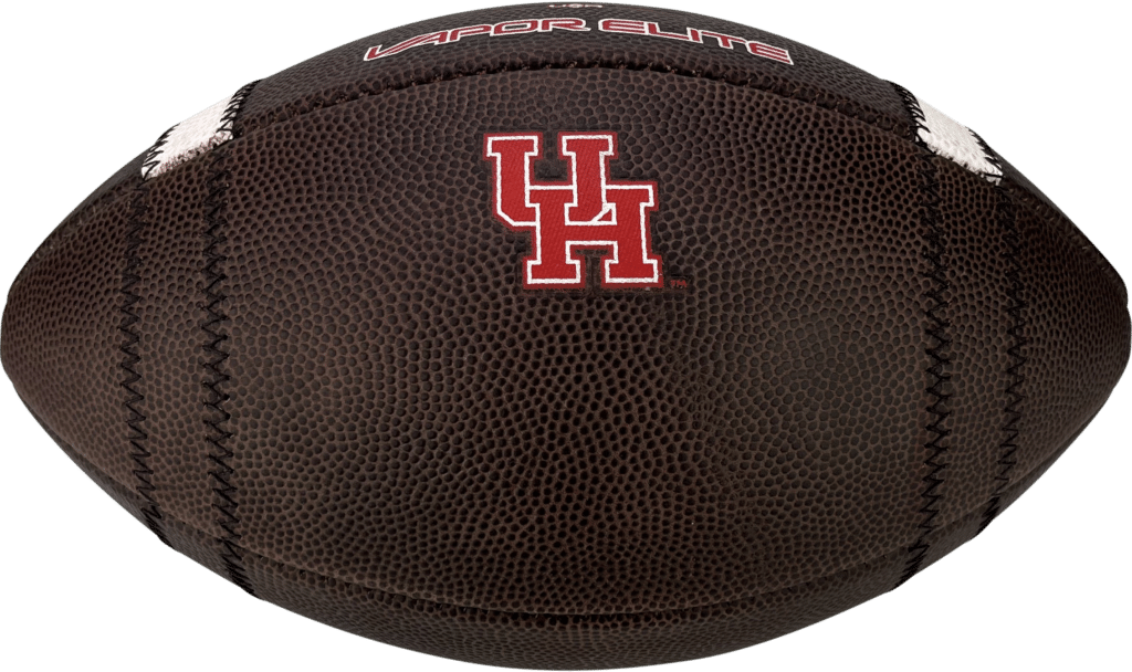 Black vapor elite football with red nike logo for Houston Cougars. View of University of Houston logo
