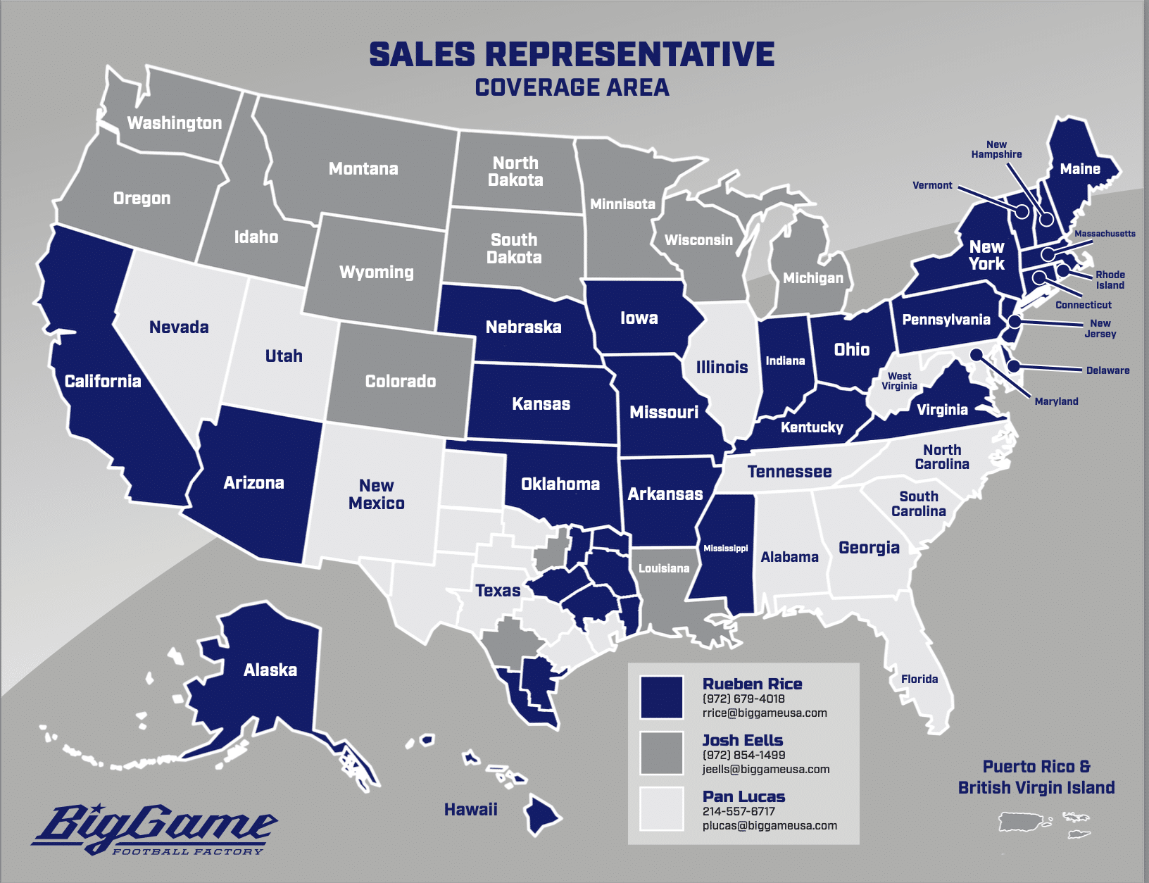 Image of map with Sales representative coverage on each state and contact information.