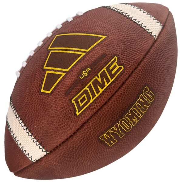 Brown leather football with white laces, featuring a yellow emblem and the word WYOMING in yellow.