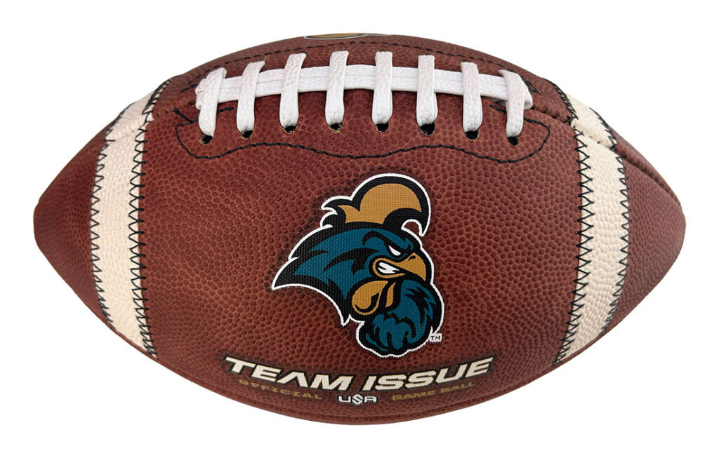 Brown American football with white laces and cream stripes, featuring a teal rooster mascot and 'TEAM ISSUE' branding.